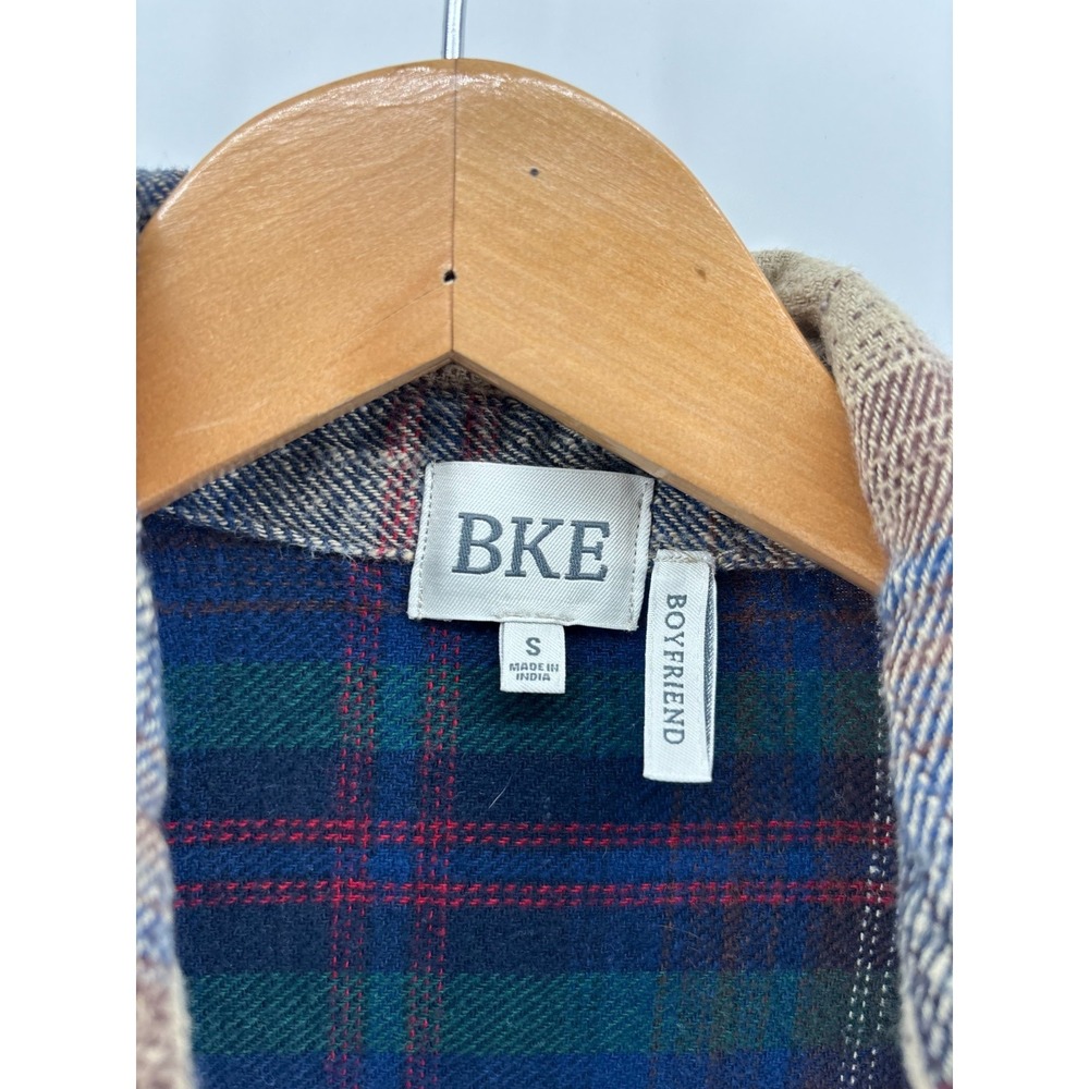 BKE Flannel Boyfriend Shirt Womens Small Blue Beige Plaid Raw Hem Button Up - Picture 4 of 5